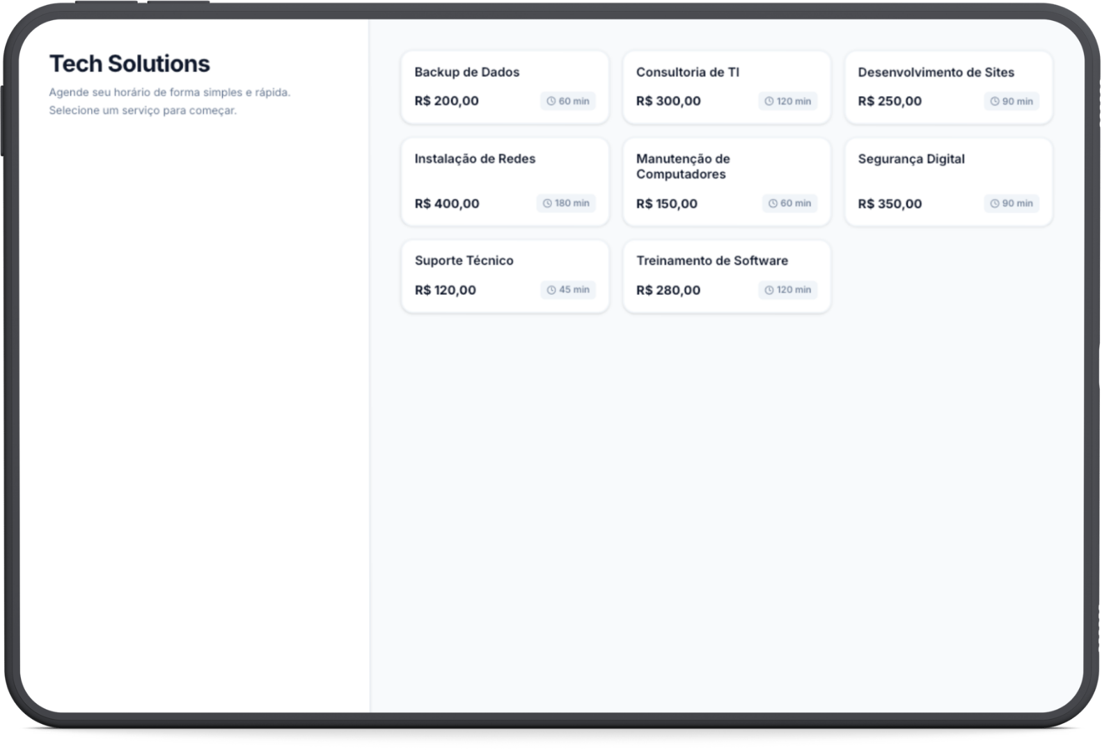 Tela de agendamento de serviços